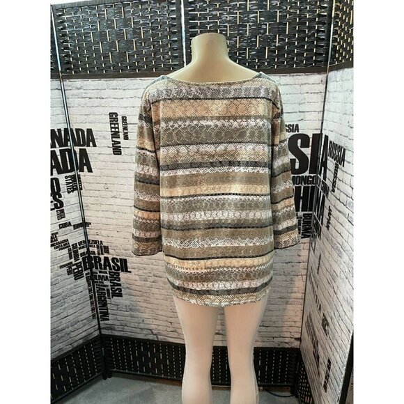 Ruby Rd Plus 2X Beige Multicolor Print Split Neck 3/4 Sleeve Top - Picture 4 of 6